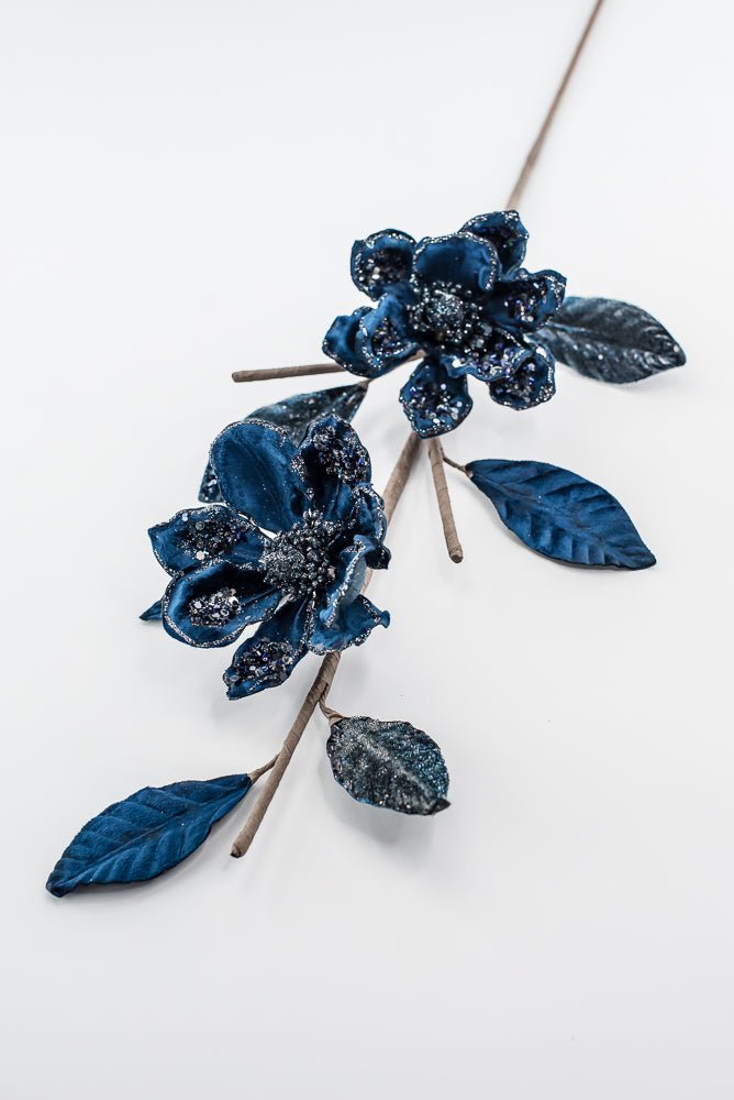 Velvet and jeweled magnolia spray - blue - Greenery Market229774
