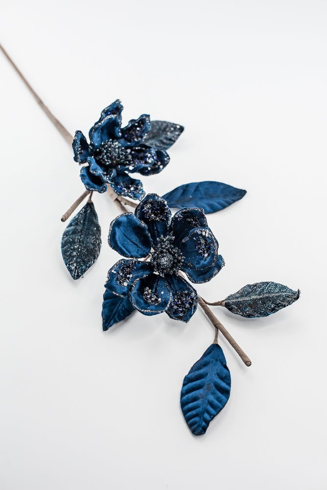 Velvet and jeweled magnolia spray - blue - Greenery Market229774