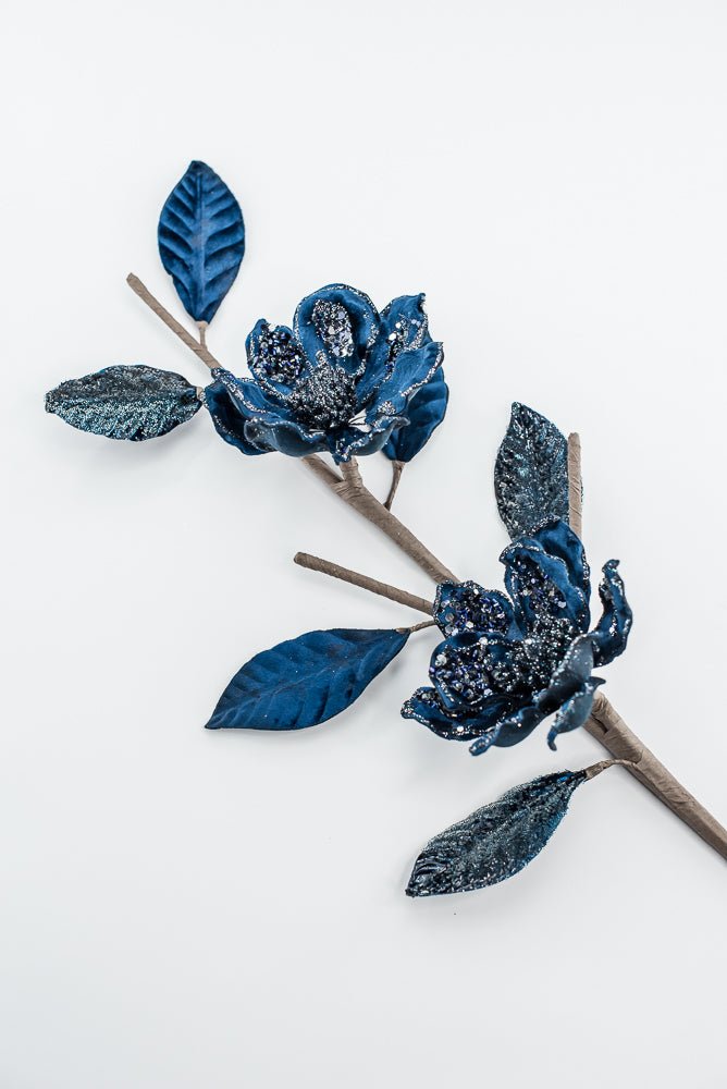 Velvet and jeweled magnolia spray - blue - Greenery Market229774