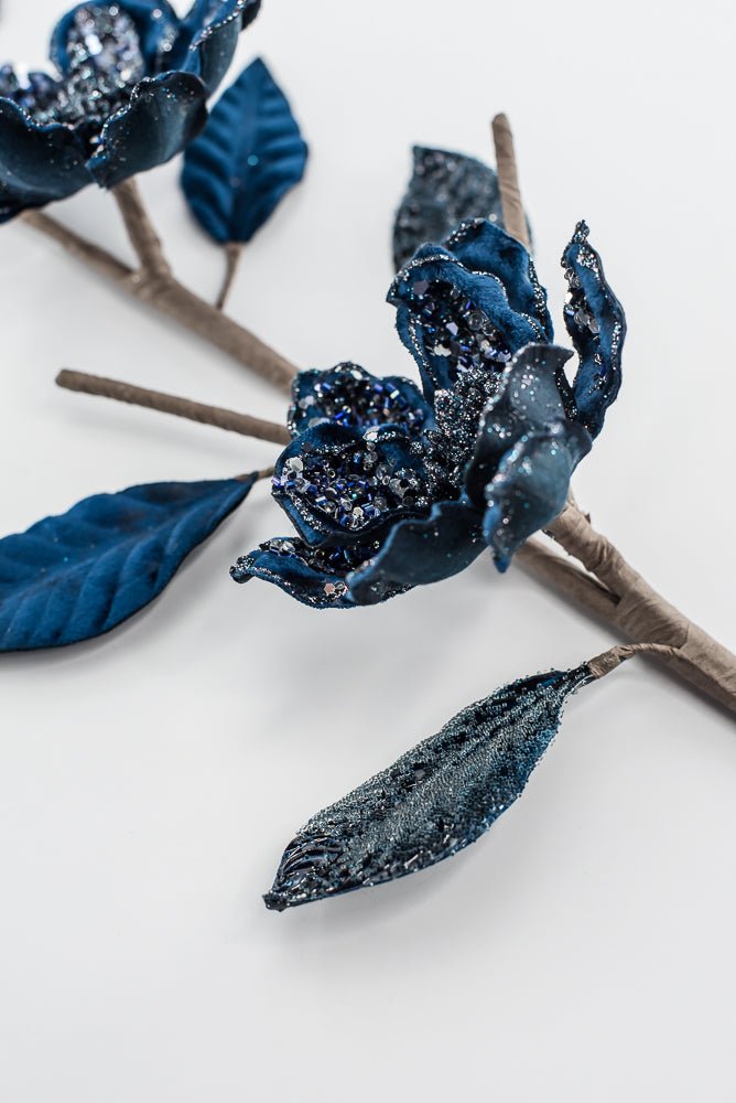 Velvet and jeweled magnolia spray - blue - Greenery Market229774