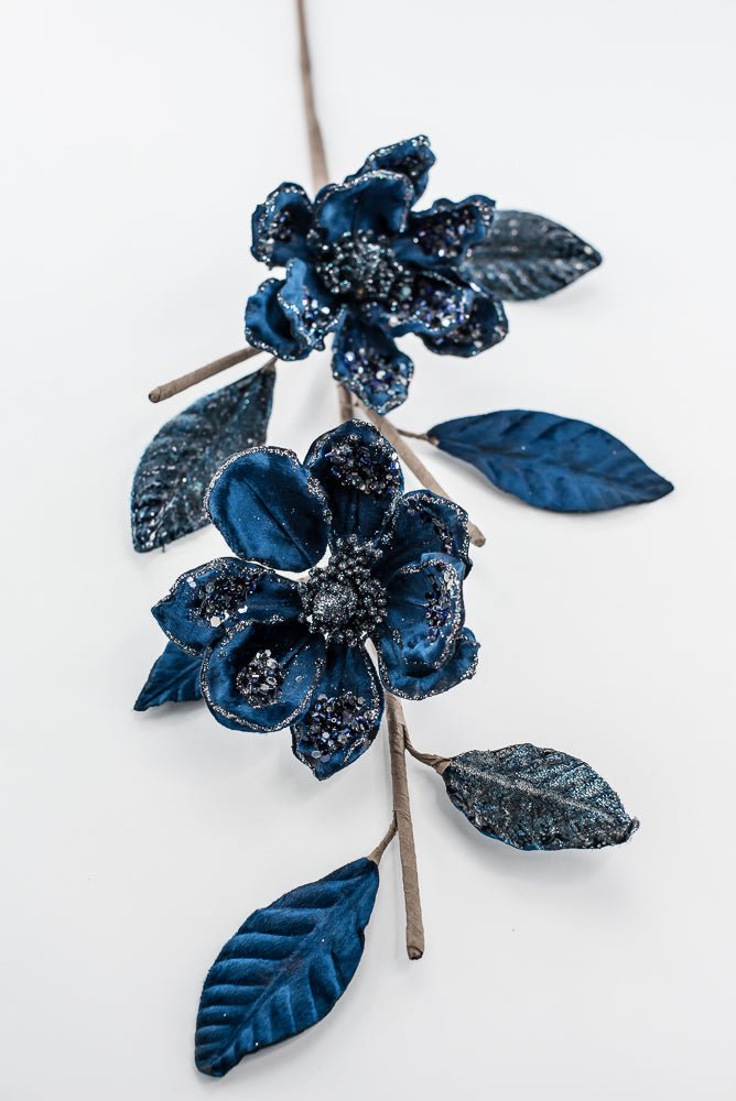 Velvet and jeweled magnolia spray - blue - Greenery Market229774