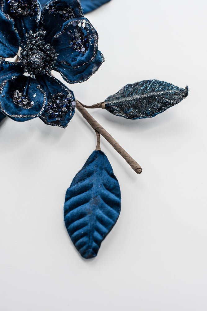 Velvet and jeweled magnolia spray - blue - Greenery Market229774