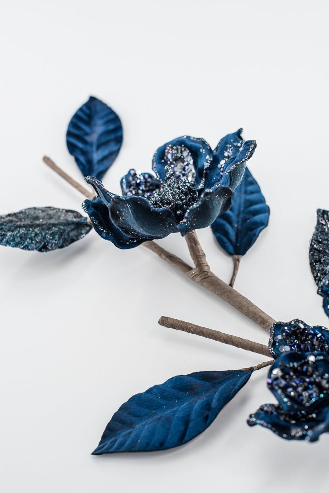 Velvet and jeweled magnolia spray - blue - Greenery Market229774