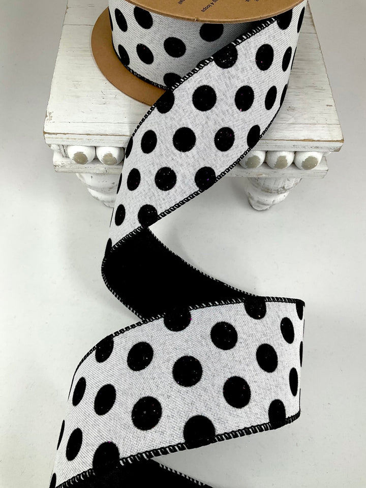 Velvet Black Dots Wired Ribbon - 2.5" - Greenery Market6006W-031-63E