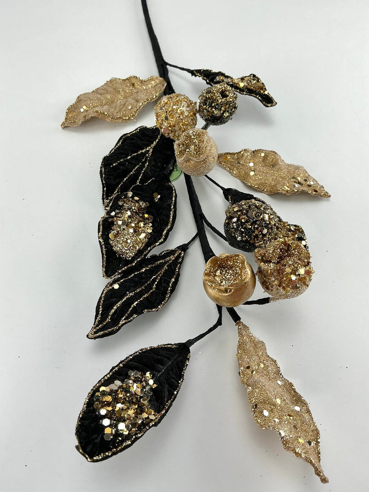 Velvet leaves and gold beaded berries spray - Greenery MarketMTX71677 BKGD