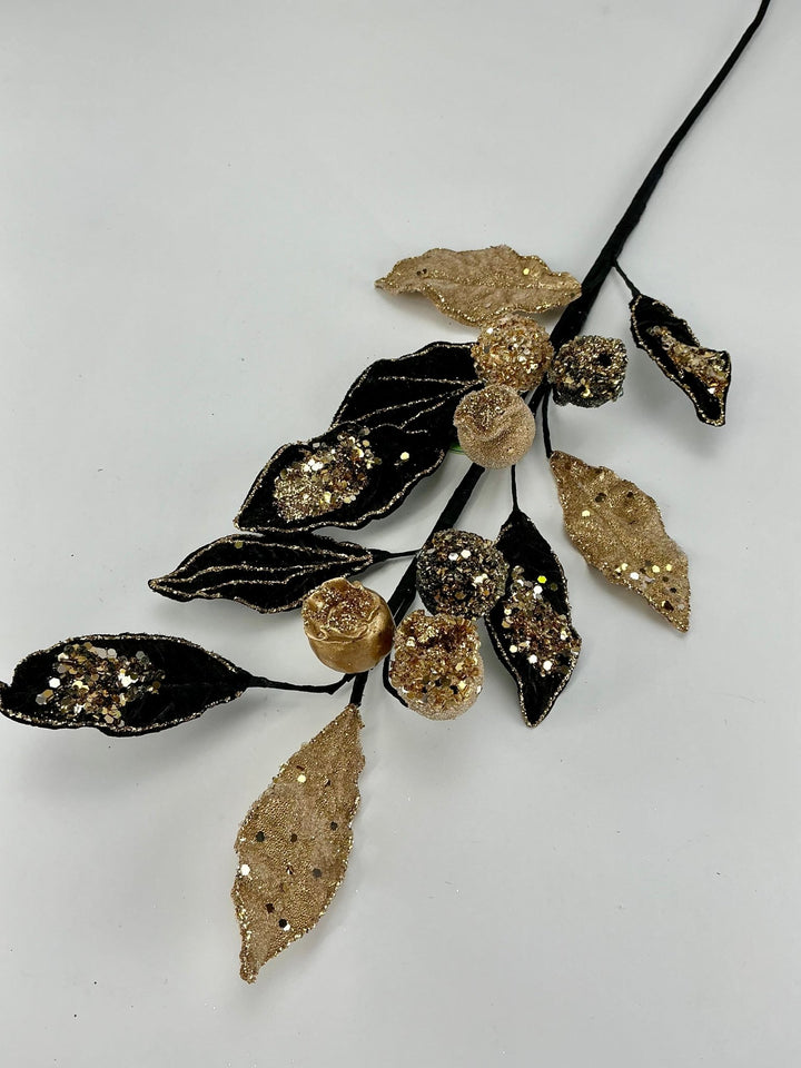 Velvet leaves and gold beaded berries spray - Greenery MarketMTX71677 BKGD