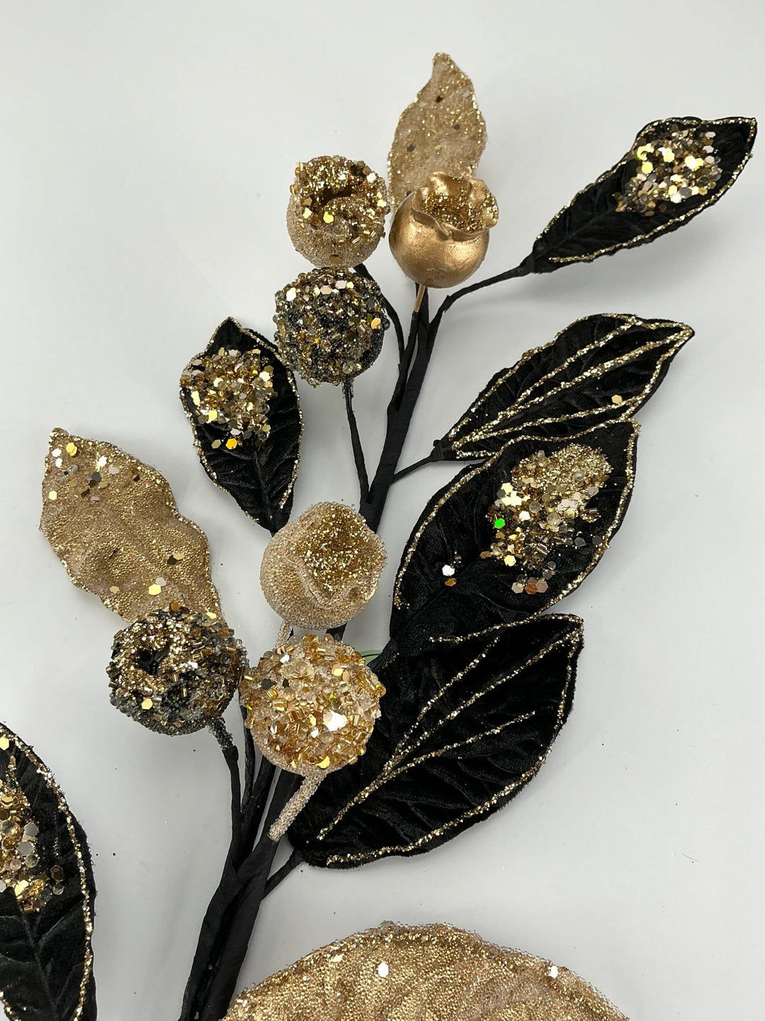 Velvet leaves and gold beaded berries spray - Greenery MarketMTX71677 BKGD