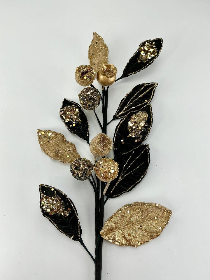 Velvet leaves and gold beaded berries spray - Greenery MarketMTX71677 BKGD