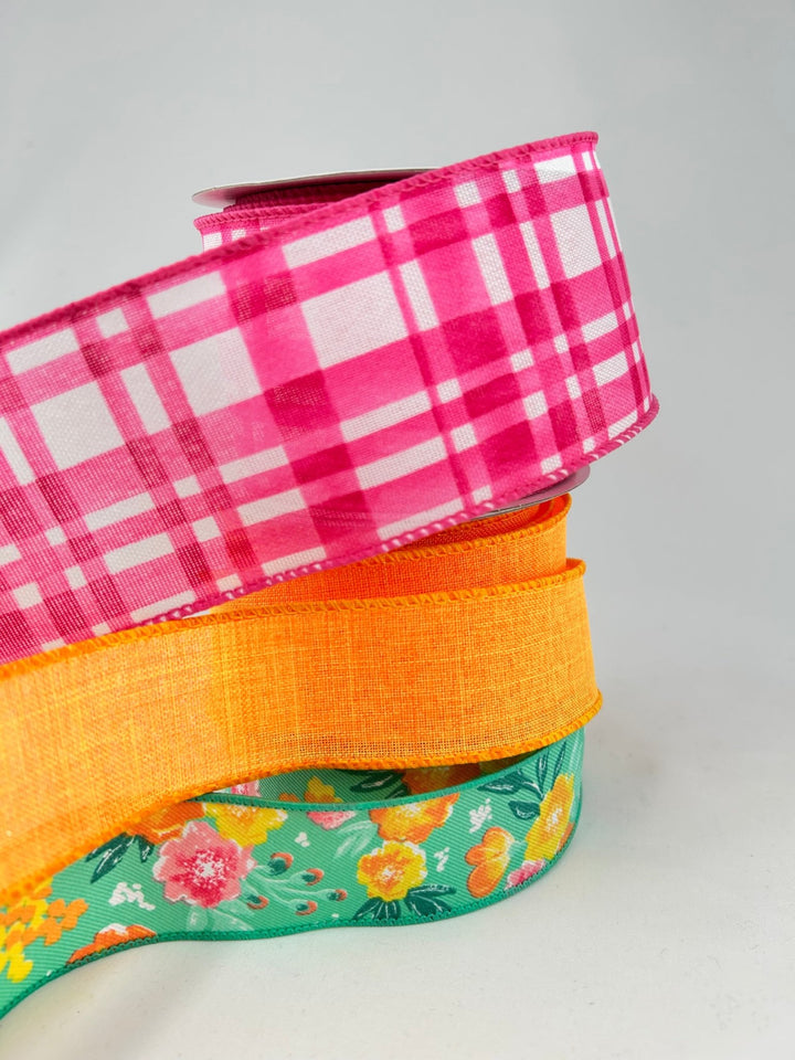 Vibrant Orange And Pink Floral bow bundle x 3 wired ribbons - Greenery MarketWired ribbonPinkOrangeX3