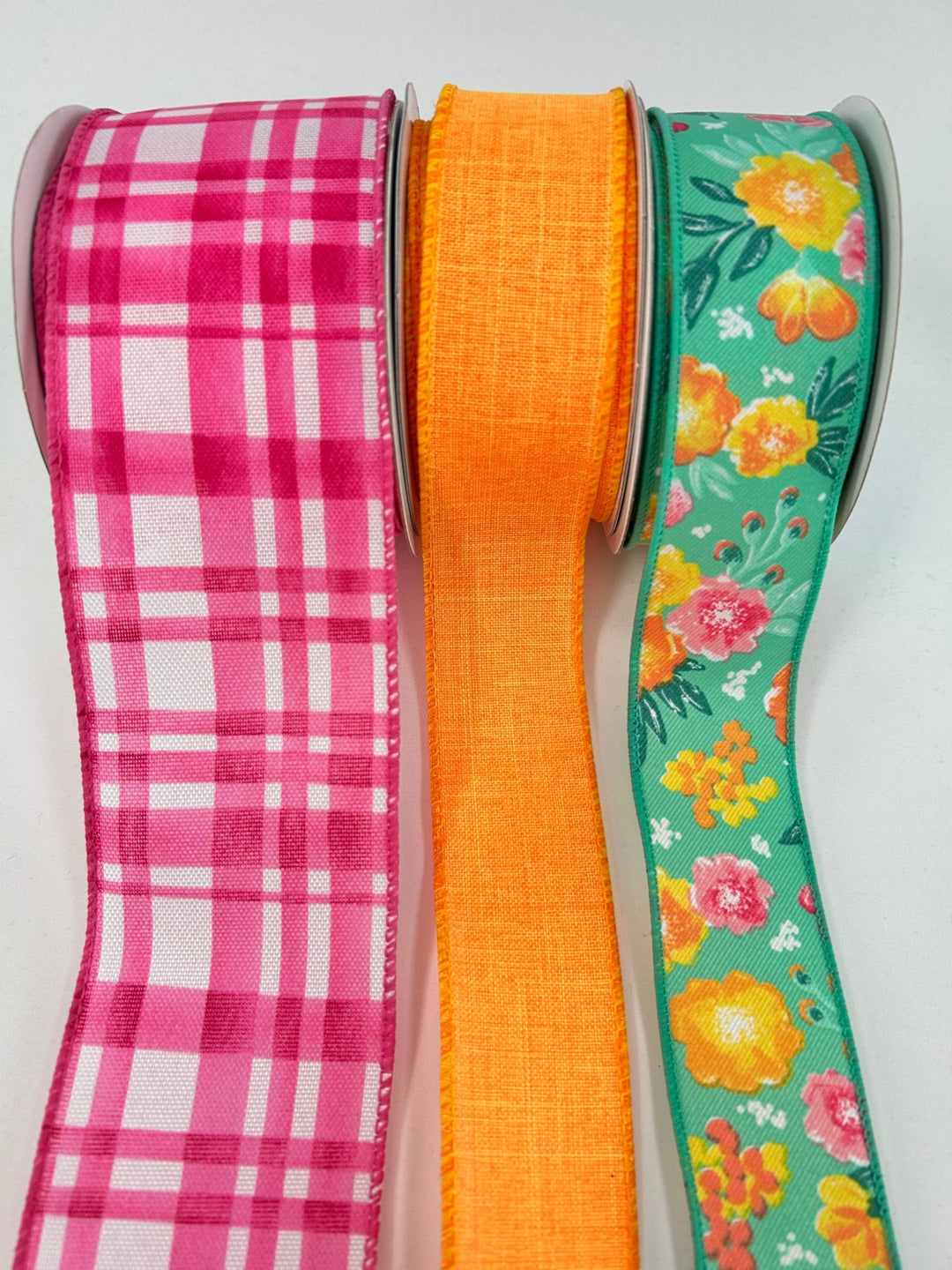 Vibrant Orange And Pink Floral bow bundle x 3 wired ribbons - Greenery MarketWired ribbonPinkOrangeX3