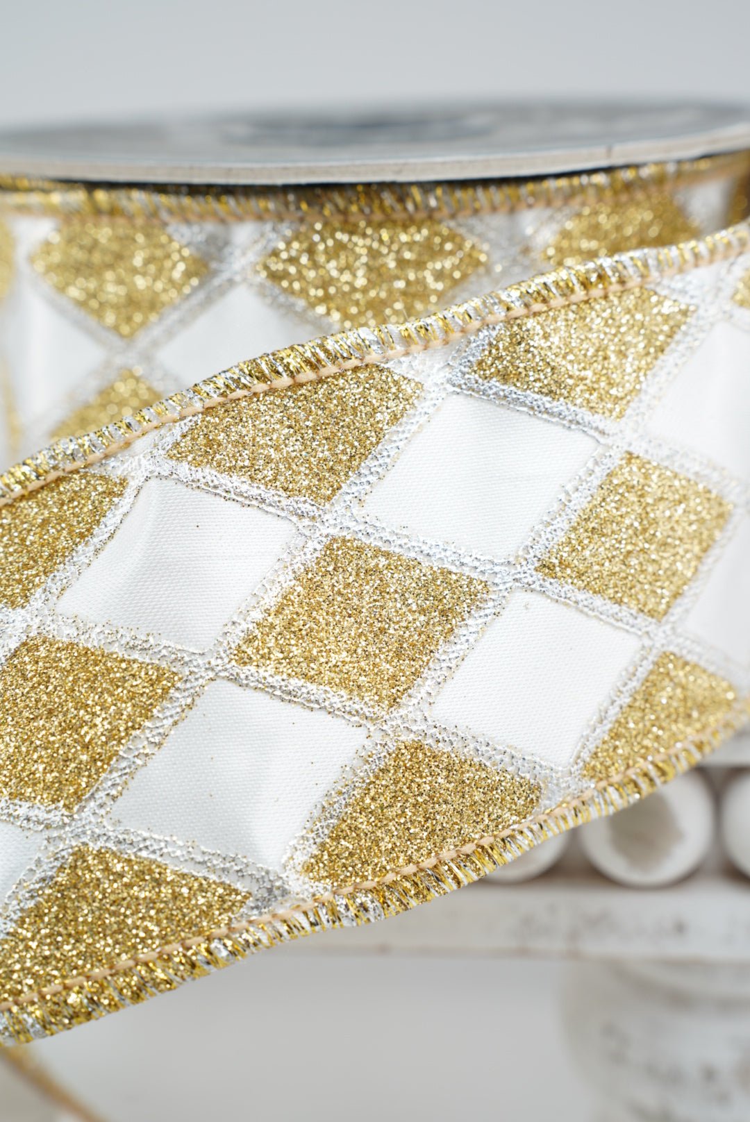 White and Gold Harlequin Wired Ribbon 2.5” - Greenery Market94573W-980-40F