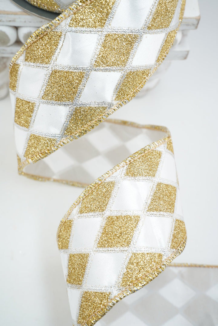 White and Gold Harlequin Wired Ribbon 2.5” - Greenery Market94573W-980-40F