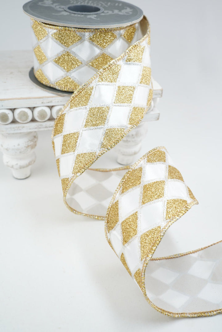 White and Gold Harlequin Wired Ribbon 2.5” - Greenery Market94573W-980-40F