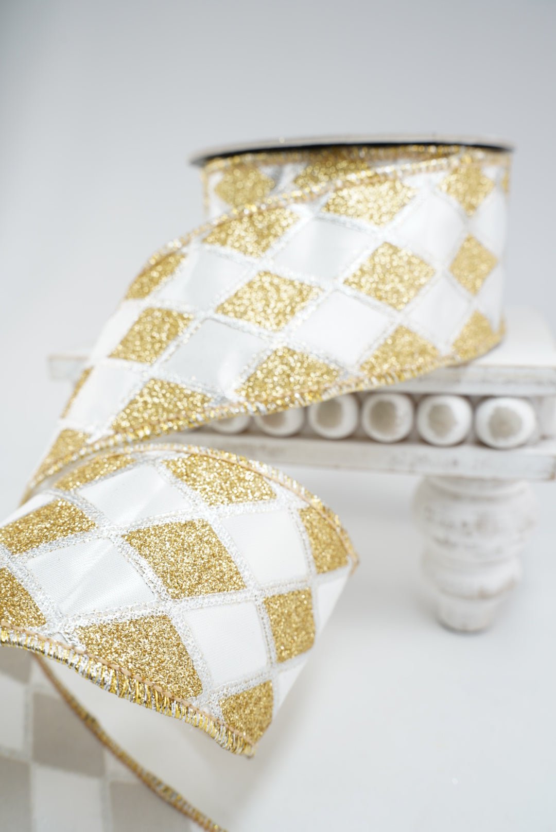 White and Gold Harlequin Wired Ribbon 2.5” - Greenery Market94573W-980-40F