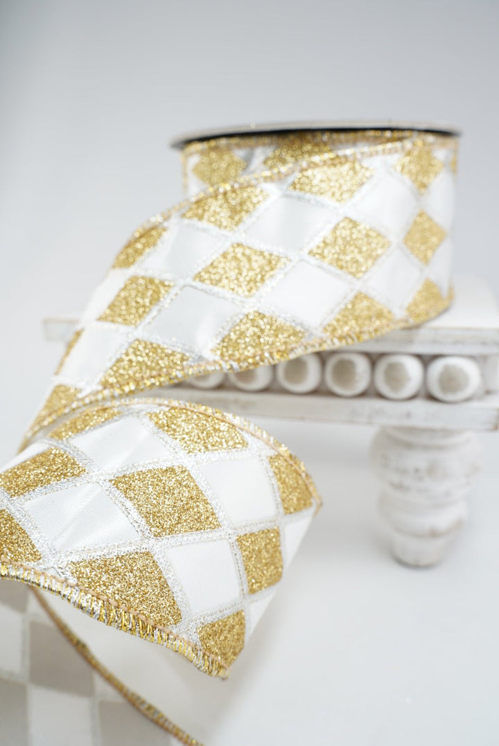 White and Gold Harlequin Wired Ribbon 2.5” - Greenery Market94573W-980-40F