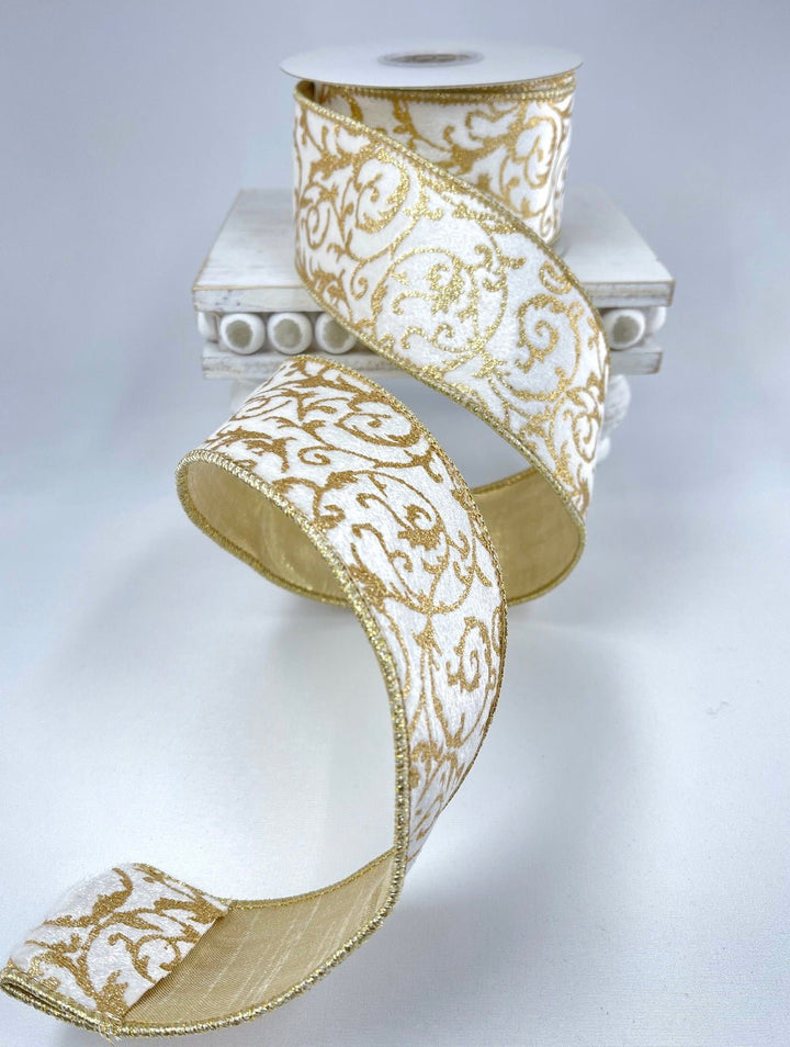 White and gold scroll wired ribbon 2.5” - Greenery MarketRibbons & TrimMTX69491 WHGD