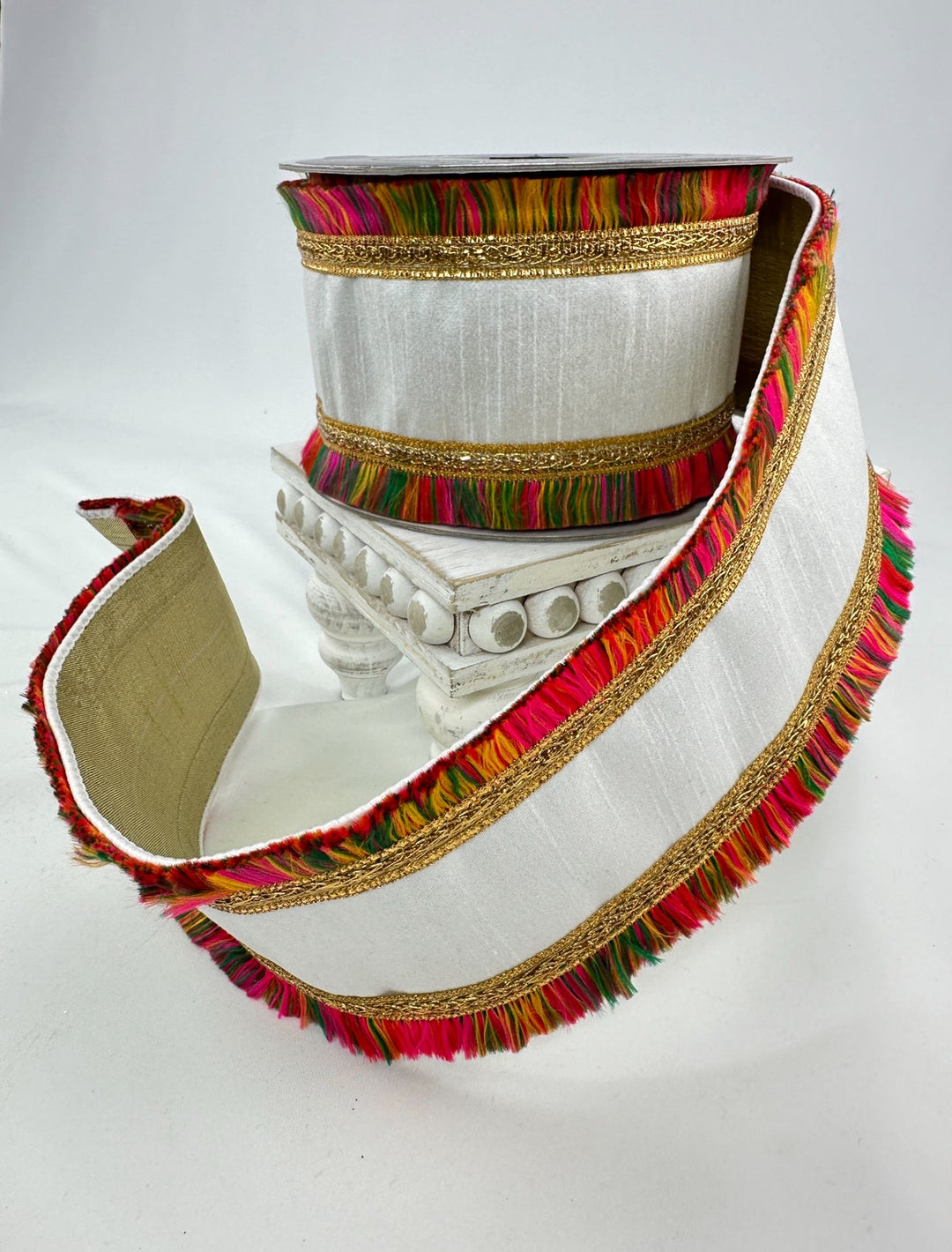 White and gold with festival fringe edge 4” farrisilk wired ribbon - Greenery MarketRibbons & TrimRK337-32