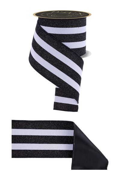 White & Black Vertical Glitter Stripe Fused Ribbon - 4" - Greenery MarketWired RibbonLX3306X6
