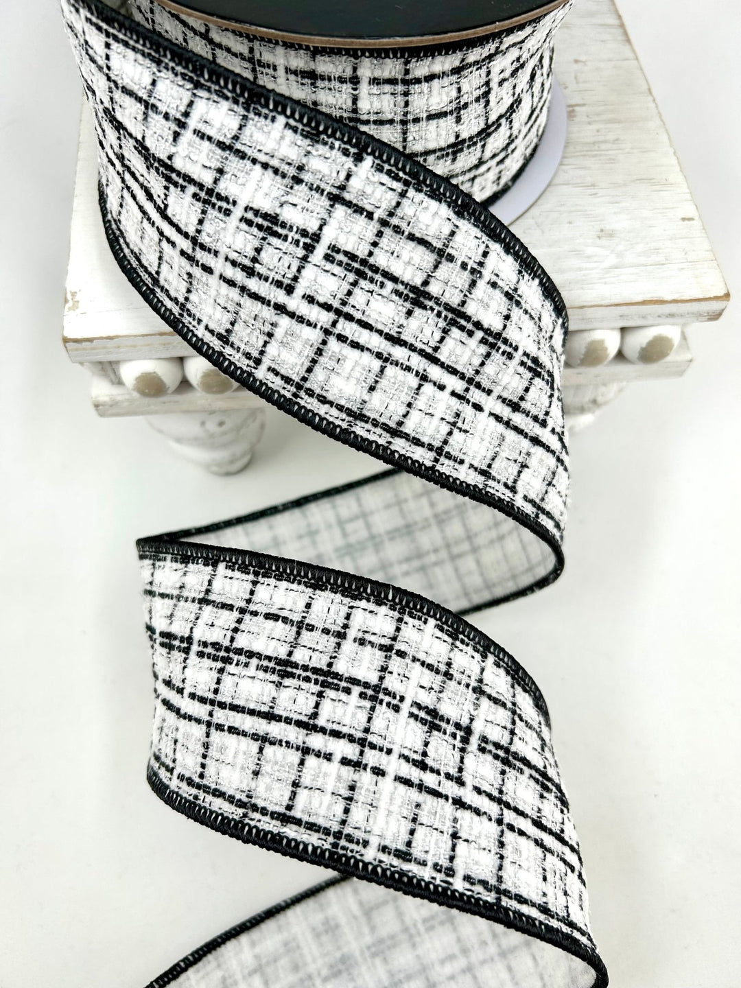 White & Black Wired Tweed Ribbon - 2.5" - Greenery MarketWired Ribbon215274