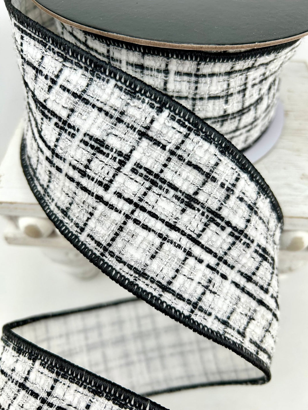 White & Black Wired Tweed Ribbon - 2.5" - Greenery MarketWired Ribbon215274