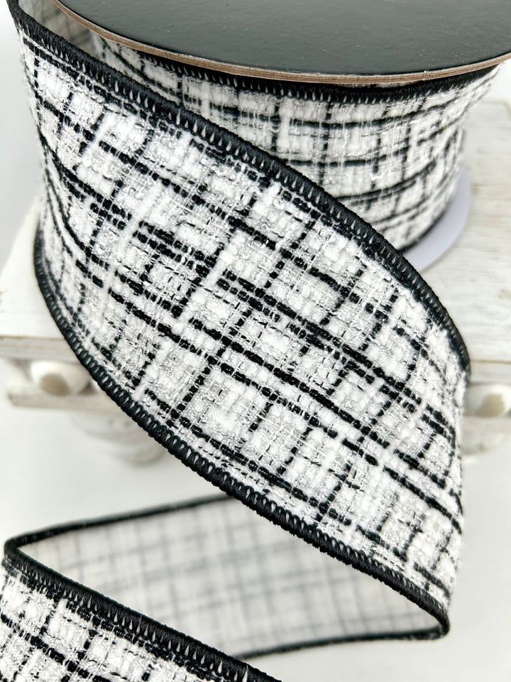 White & Black Wired Tweed Ribbon - 2.5" - Greenery MarketWired Ribbon215274