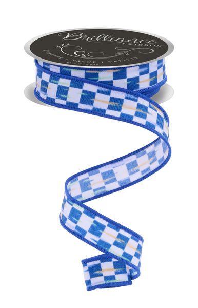 White & Blue Mini Antique Checkerboard Ribbon - 7/8