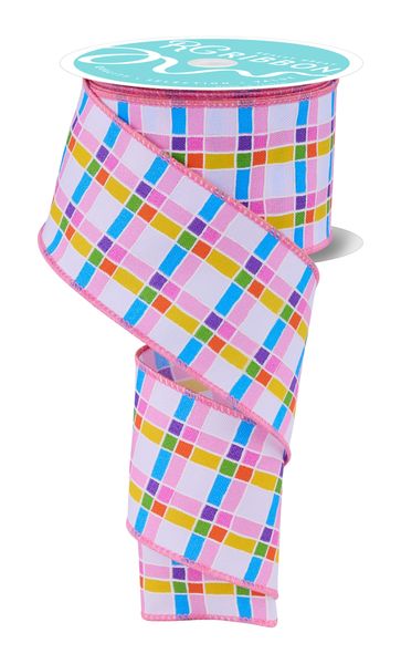 White, Blue, Pink, Green, & Yellow Multi Square Check Ribbon - 2.5" - Greenery MarketWired RibbonRGH119727