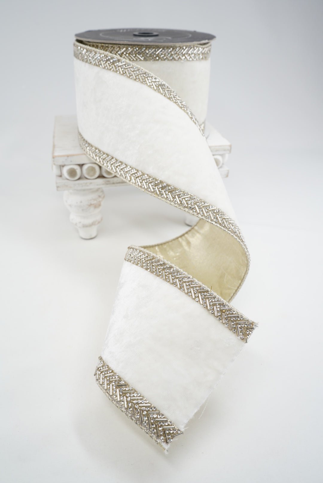 White Chevron Crystals Farrisilk Wired Ribbon - 4" - Greenery MarketRK813-43