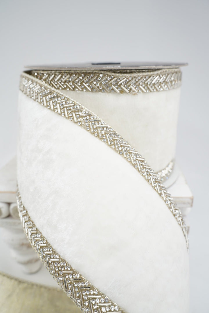 White Chevron Crystals Farrisilk Wired Ribbon - 4" - Greenery MarketRK813-43