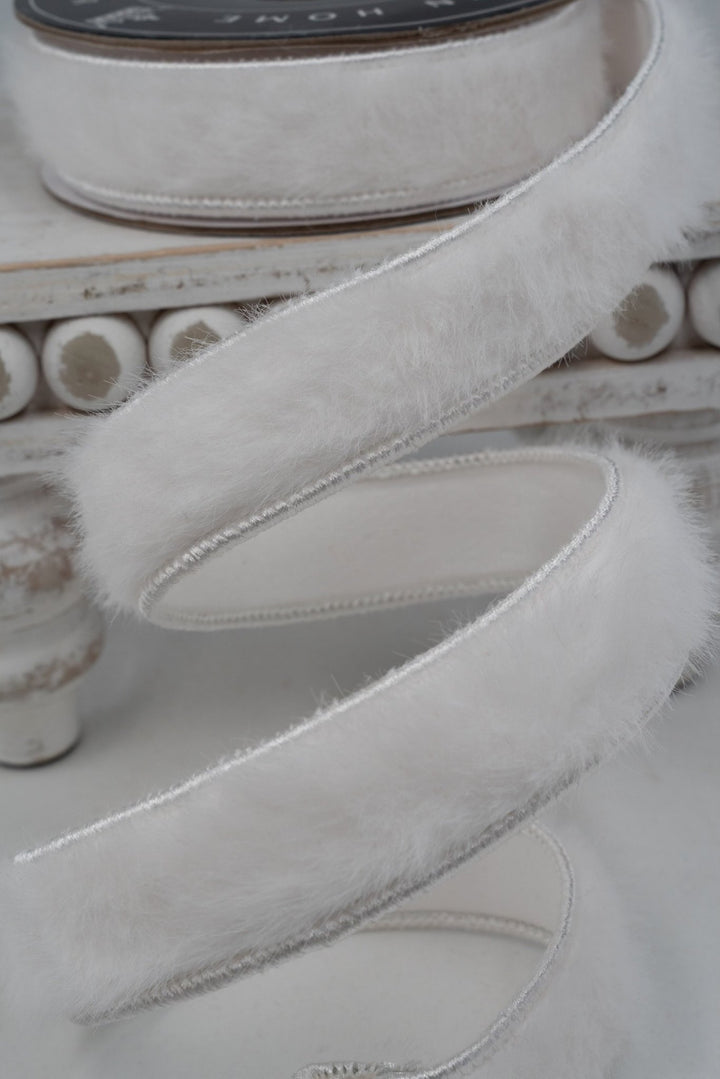 White Fur Double - Sided Wired Ribbon - 1" - Greenery Market25-700-1