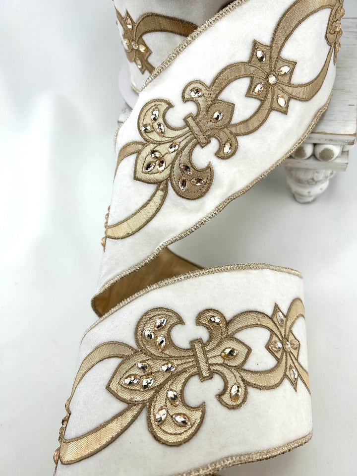 White & Gold Fleur-De-Lis Velvet Wired Ribbon - 4" - Greenery MarketRibbon212151