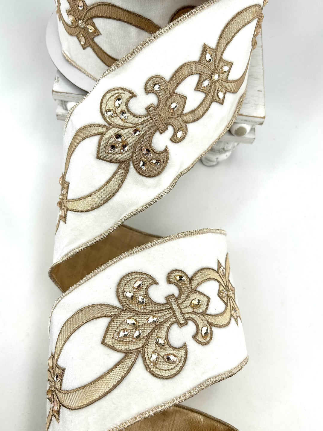 White & Gold Fleur-De-Lis Velvet Wired Ribbon - 4" - Greenery MarketRibbon212151