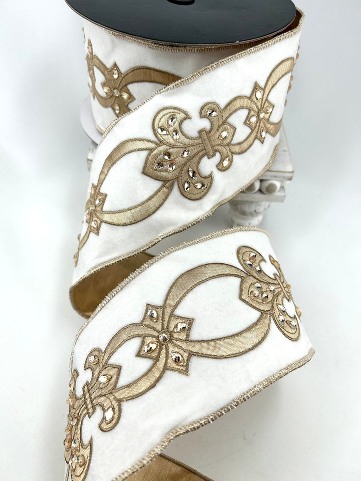 White & Gold Fleur-De-Lis Velvet Wired Ribbon - 4" - Greenery MarketRibbon212151