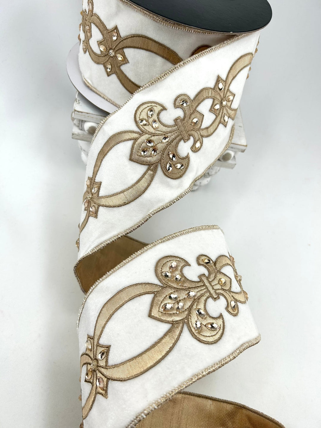 White & Gold Fleur-De-Lis Velvet Wired Ribbon - 4" - Greenery MarketRibbon212151