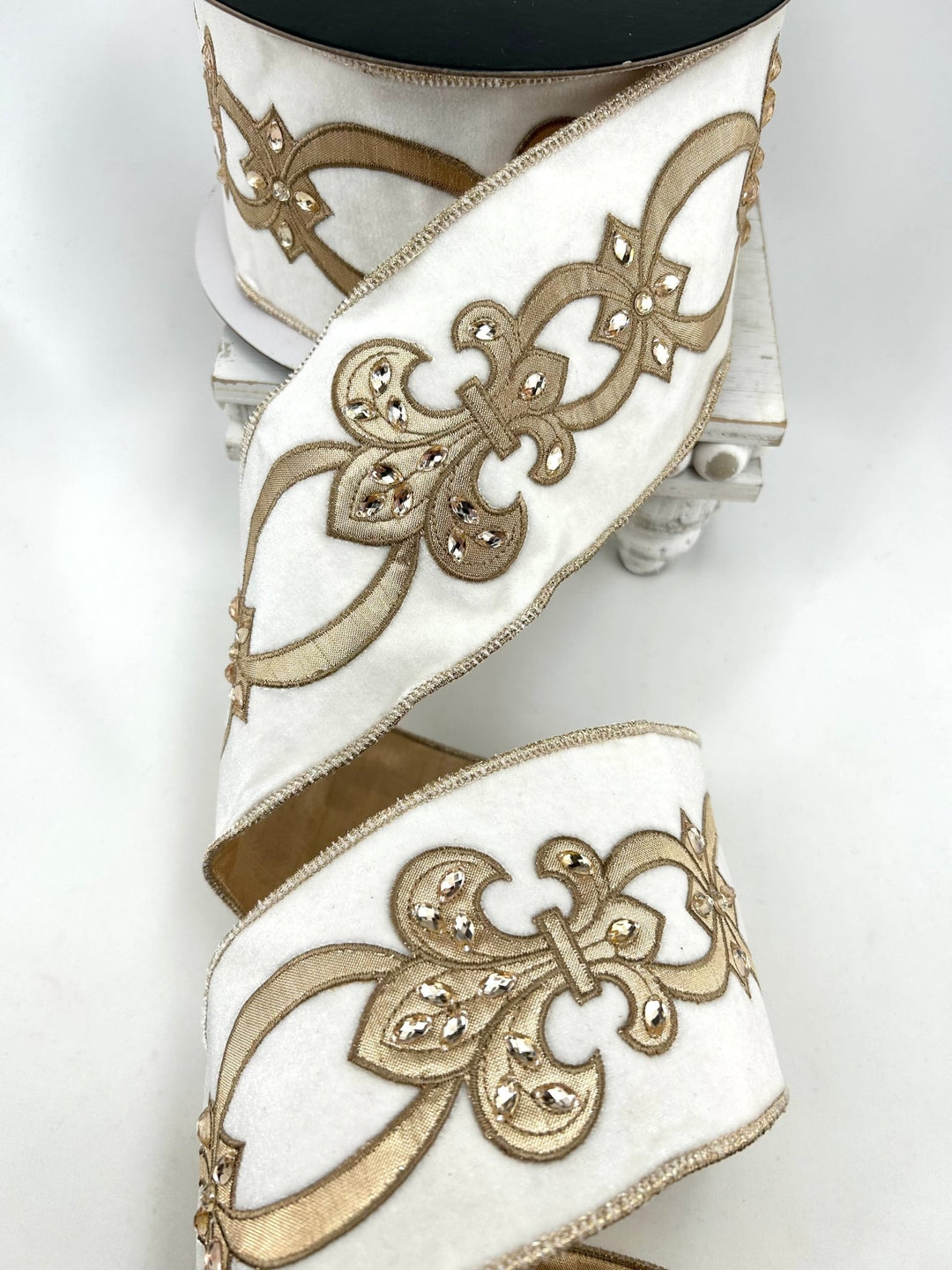 White & Gold Fleur-De-Lis Velvet Wired Ribbon - 4" - Greenery MarketRibbon212151