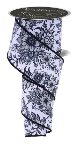 White, Grey, & Black Chinoiserie Florals Ribbon - 2.5" - Greenery MarketWired RibbonLS3001X6