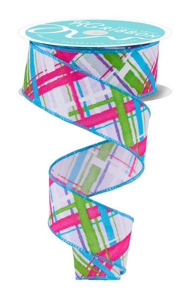 White, Hot Pink, Green, & Turquoise Diagonal Multi Width Plaid Ribbon - 1.5" - Greenery MarketRGH1187A2