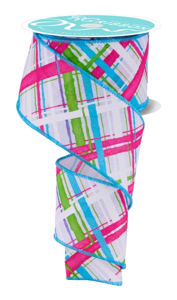 White, Hot Pink, Green, & Turquoise Diagonal Multi Width Plaid Ribbon - 2.5" - Greenery MarketWired RibbonRGH1188A2