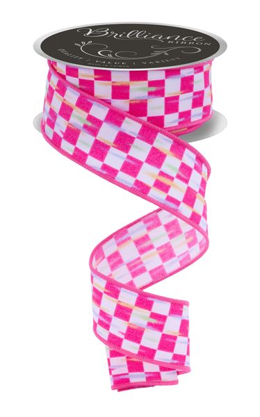 White & Hot Pink Mini Antique Checkerboard Ribbon - 1.5" - Greenery MarketLS314611
