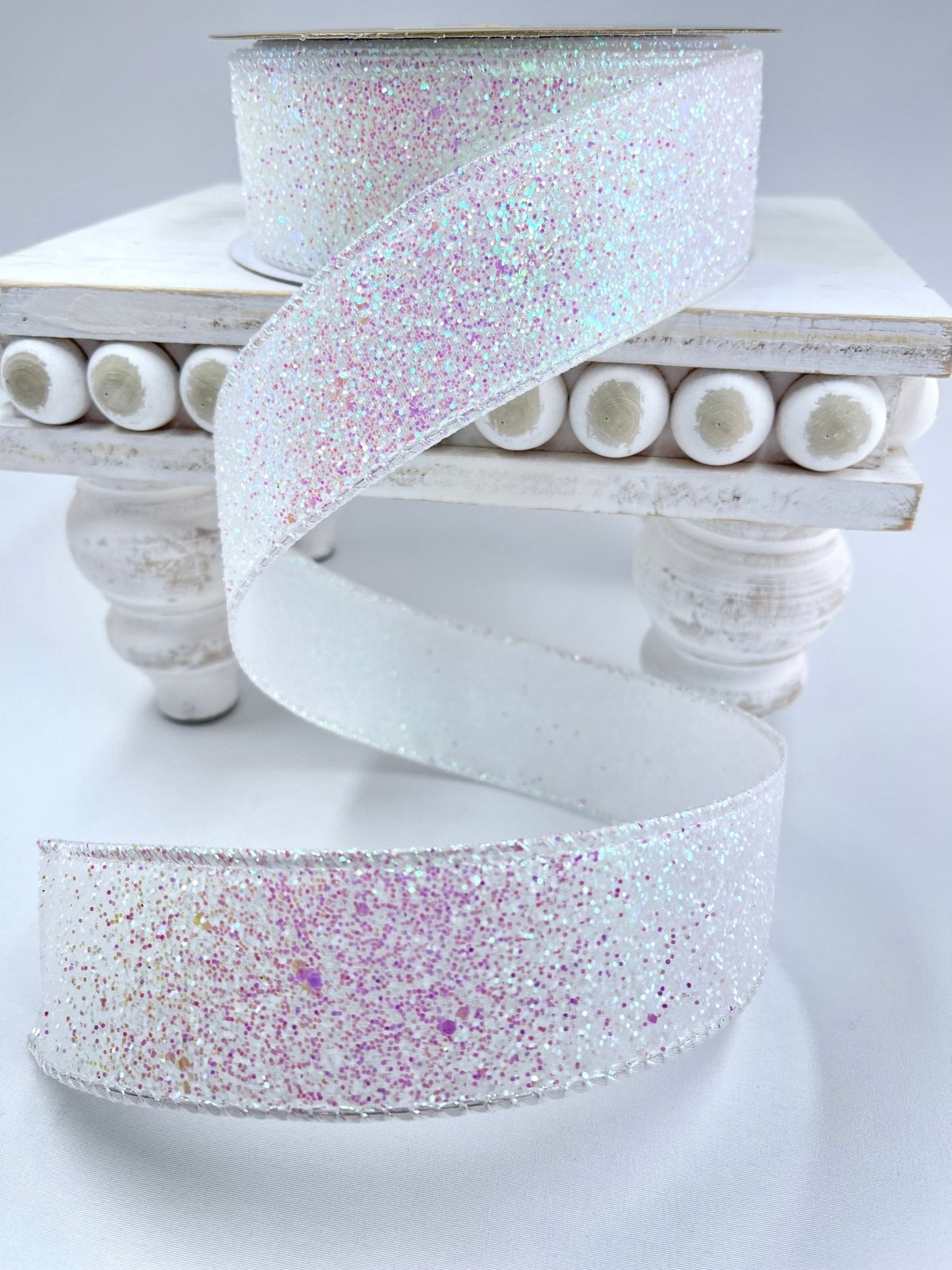 White iridescent glitter wired ribbon, 1.5