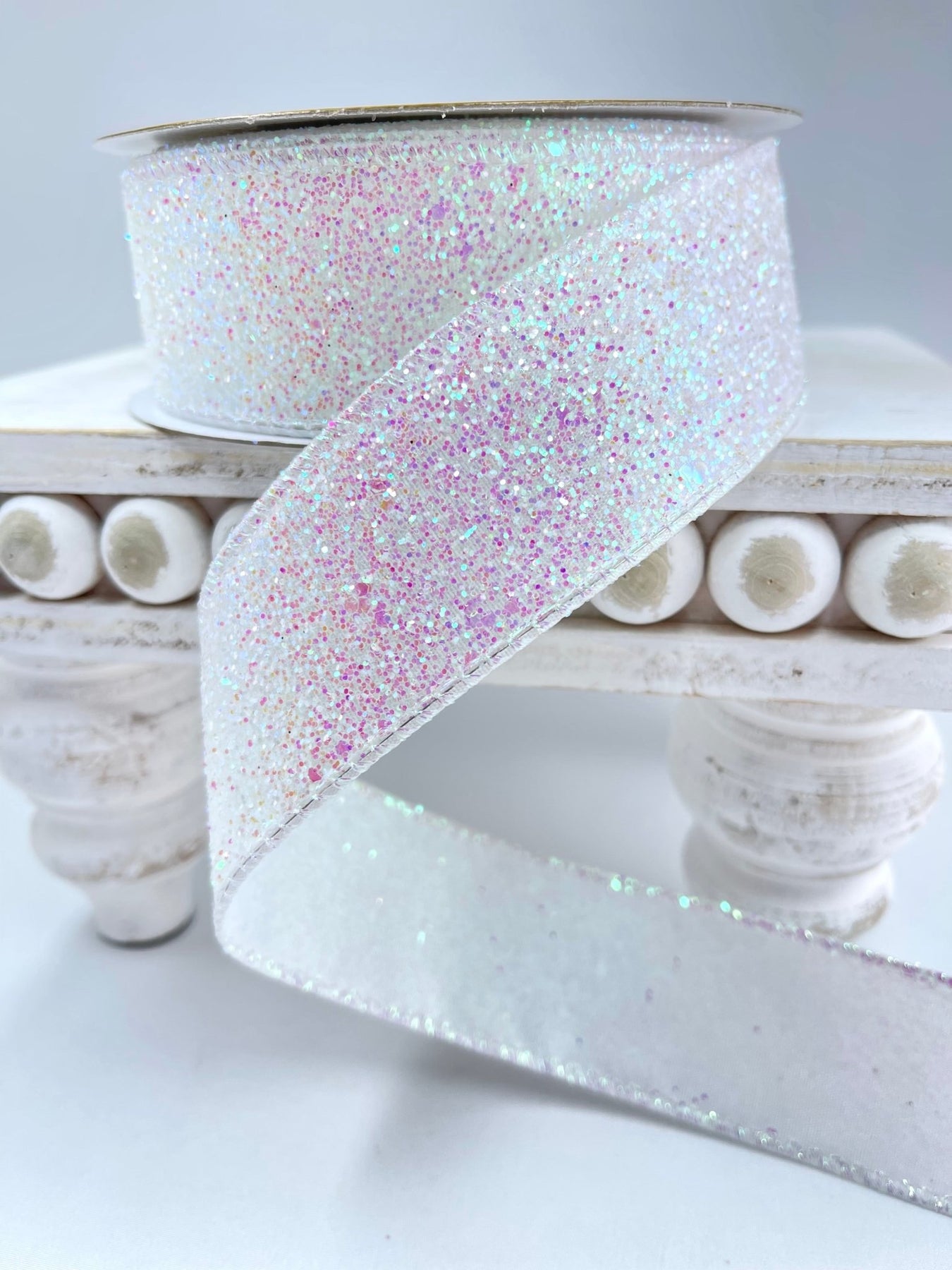White iridescent glitter wired ribbon, 1.5