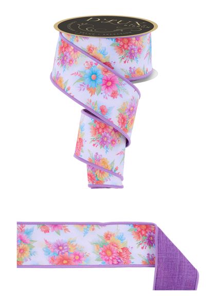 White, Lavender, Pink, & Turquoise Bright Flowers Fused Ribbon - 2.5" - Greenery MarketWired RibbonLX1175K1