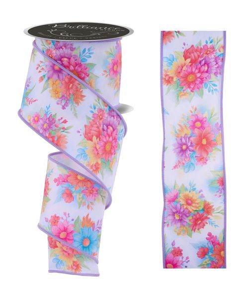 White, Lavender, Pink, & Turquoise Bright Flowers Ribbon - 2.5" - Greenery MarketWired RibbonLS1175K1