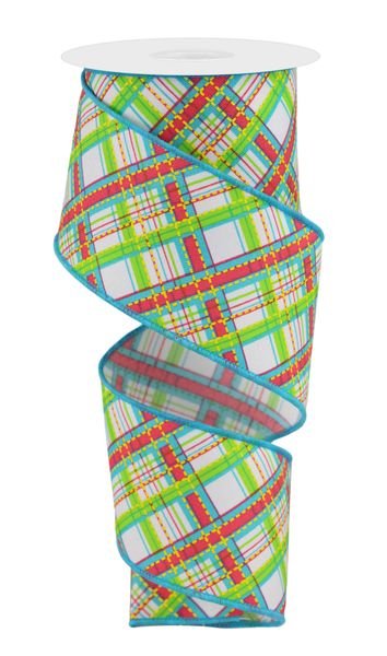 White, Lime, Turquoise, Pink, & Yellow Diagonal Dash Plaid Ribbon - 2.5" - Greenery MarketWired RibbonRGE1850RH