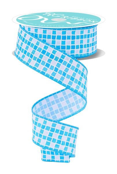 White & Multi Blue Small Check With Foam Lines Ribbon - 1.5" - Greenery MarketRGH117703