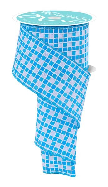 White & Multi Blue Small Check With Foam Lines Ribbon - 2.5" - Greenery MarketWired RibbonRGH117803