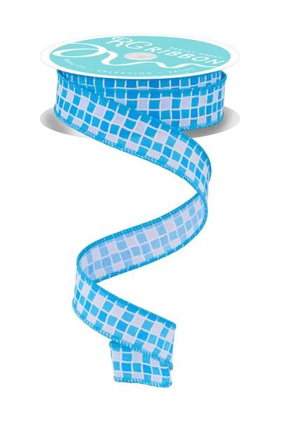 White & Multi Blue Small Check With Foam Lines Ribbon - 7/8" - Greenery MarketWired RibbonRGH717703