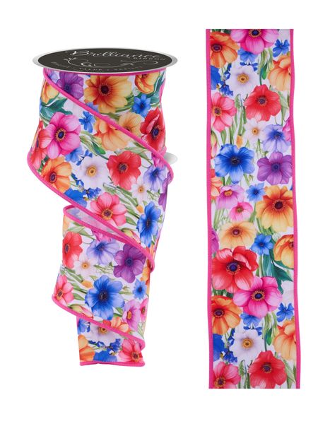 White & Multi Bright Florals Ribbon - 2.5" - Greenery MarketWired RibbonLS1226RT