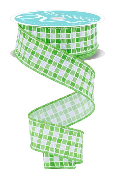 White & Multi Green Small Check With Foam Lines Ribbon - 1.5" - Greenery MarketRGH117709