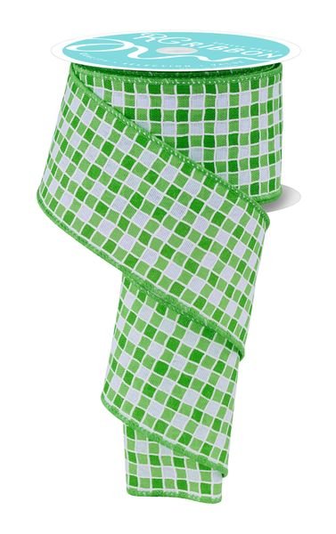 White & Multi Green Small Check With Foam Lines Ribbon - 2.5" - Greenery MarketWired RibbonRGH117809
